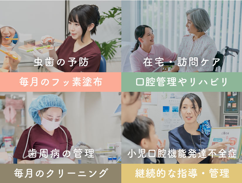 「虫歯の予防：毎月のフッ素塗布」「在宅・訪問ケア：口腔管理やリハビリ」「歯周病の管理：毎月のクリーニング」「小児口腔機能発達不全症：継続的な指導・管理」