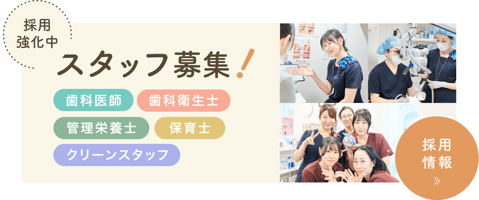 採用強化中 スタッフ募集! 歯科医師　歯科衛生士 管理栄養士 保育士 クリーンスタッフ