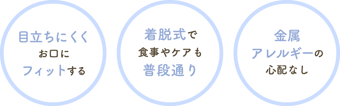 目立ちにくくお口にフィットする、着脱式で食事やケアも普段通り、金属アレルギーの心配なし